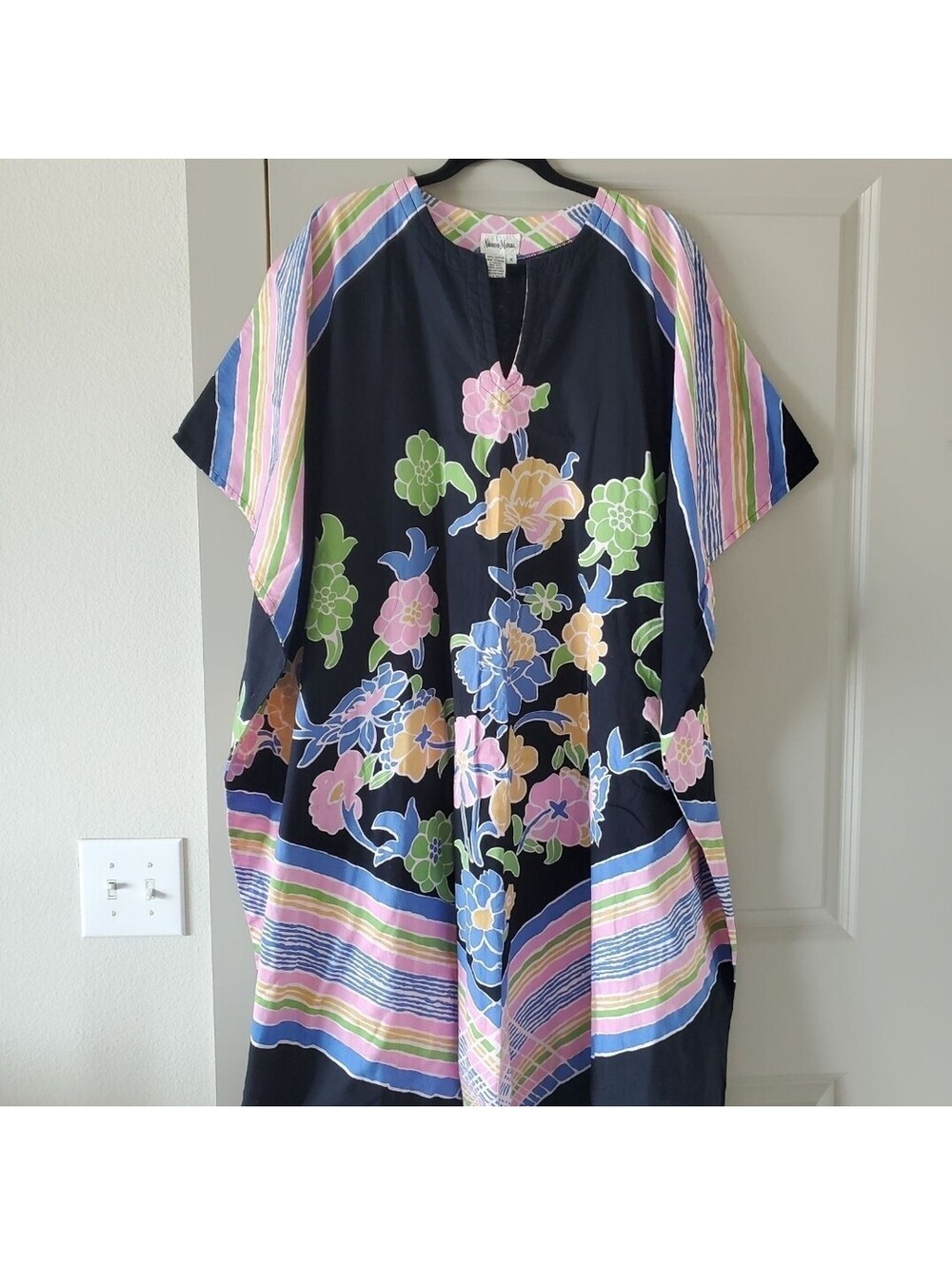 Vintage Neiman Marcus Floral Caftan Muumu House Dress Robe S Hand Screened Faric